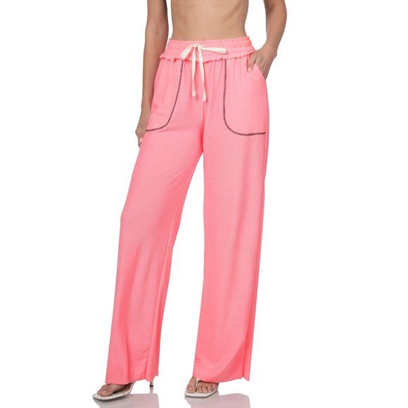 NEW‎ ZENANA French terry contrast pocket drawstring pants Super comfy PINK - Picture 1 of 3